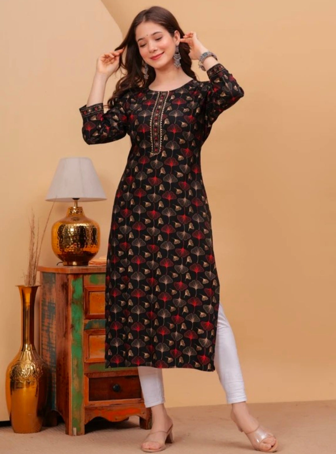 black floral printed straight kurti