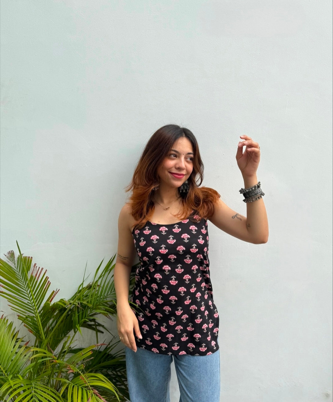 Black with a pink floral kurti